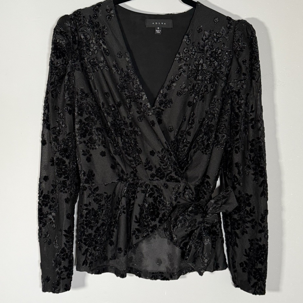 Black Velvet Burnout Floral Wrap Top S Elastic Waist Party Blouse Boho Chic